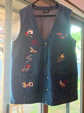 Vintage Embroidered Denim Vest Nurse Grandmacore Cottagecore Y2K 100% Cotton